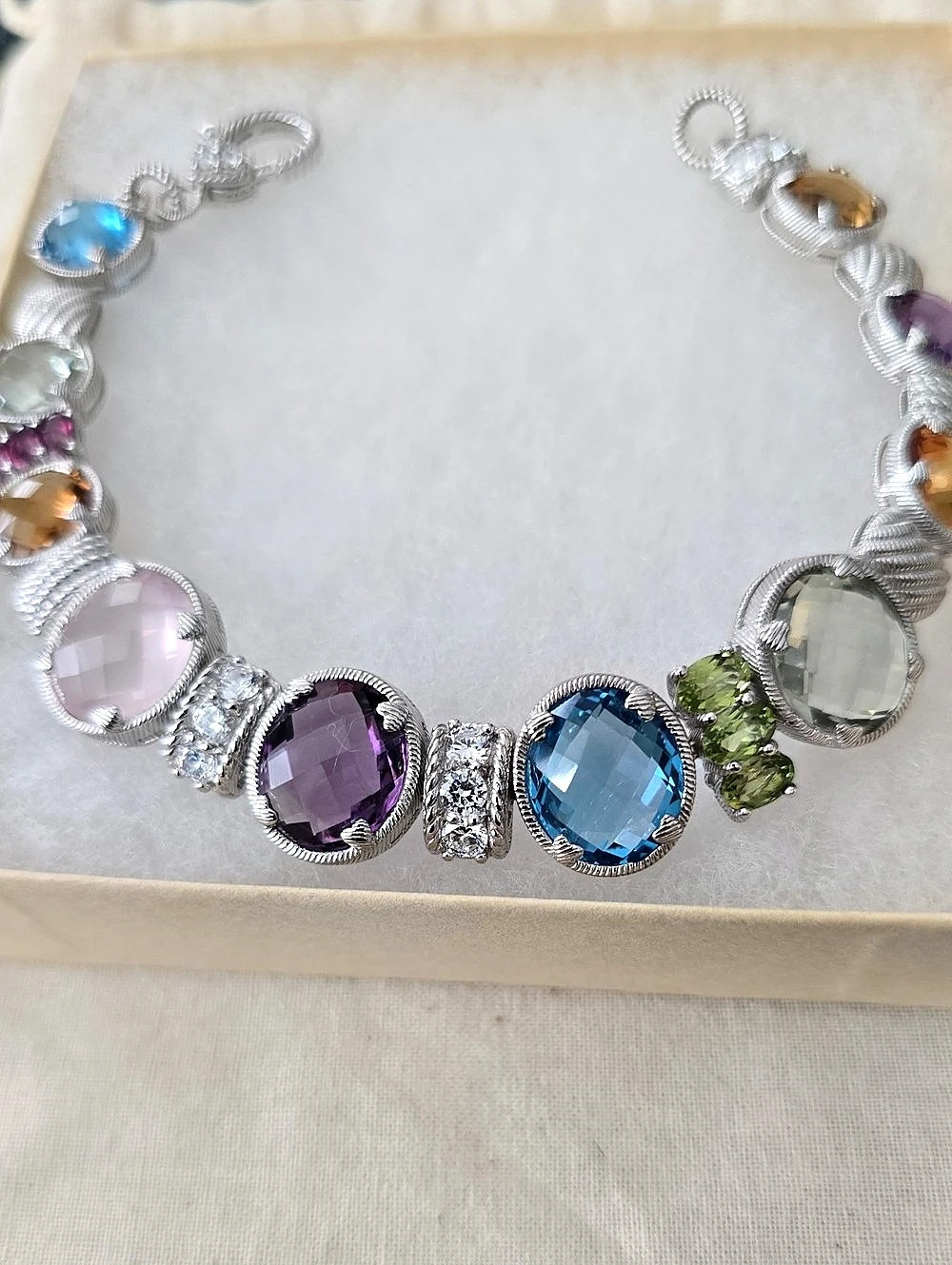 Authentic Judith Ripka Signed Sterling Silver Multi-Gemstone Link Bracelet 8"